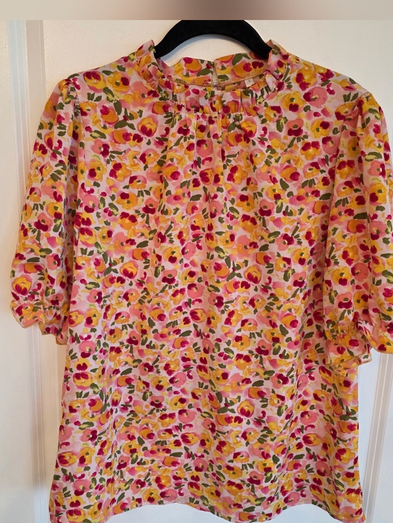 Tops - Floral Pink & Yellow Short Sleeve Blouse